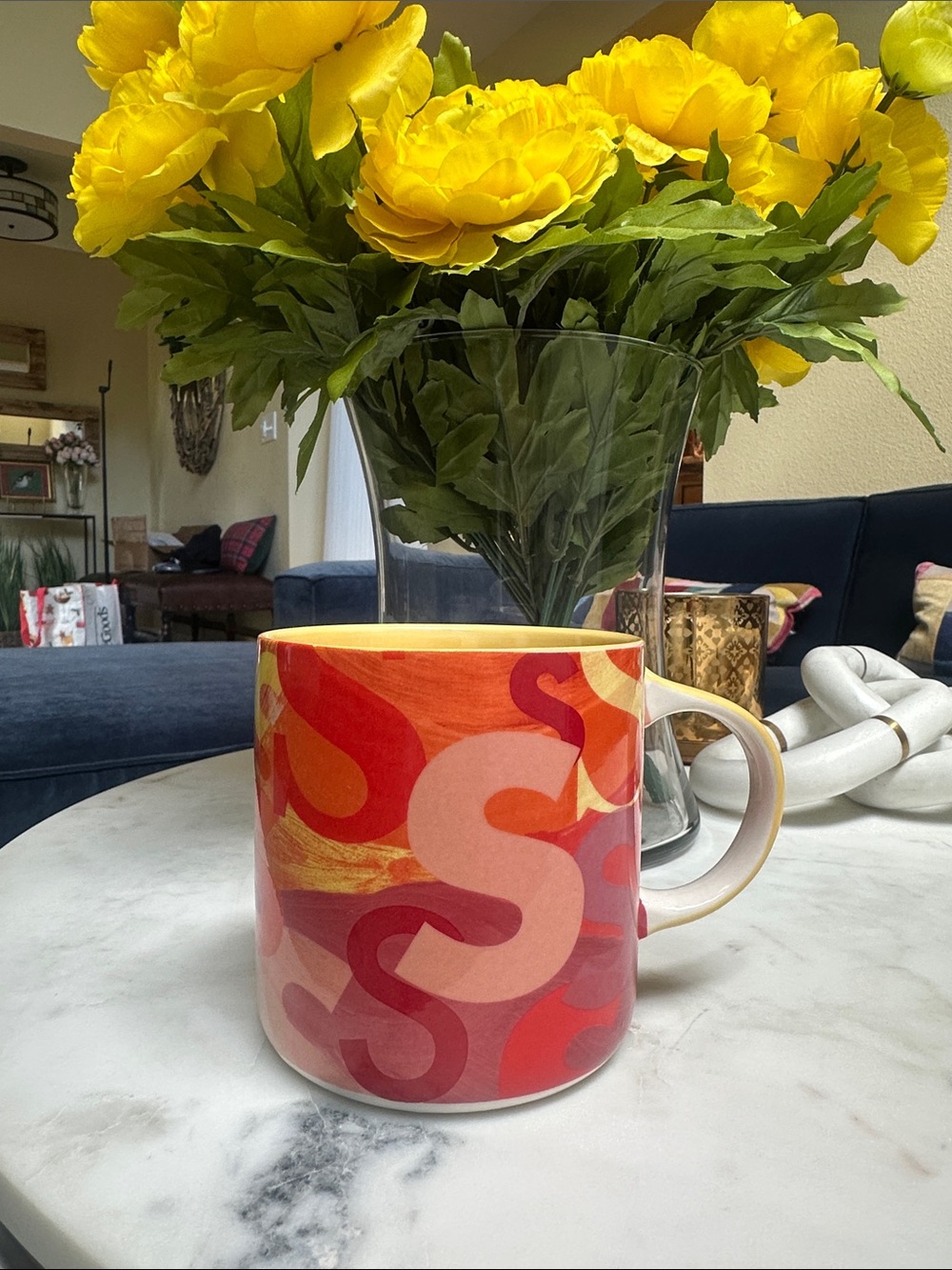 Anthropologie Red and Orange “S” initial Swirl Ceramic Mug